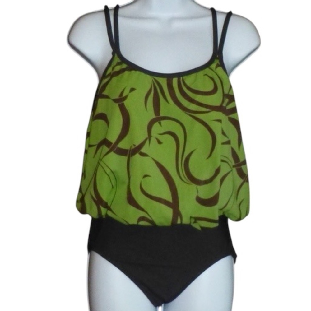 Green & Brown One Piece Swimsuit Blouson Top Double Strap Lined Slimming 8 M NWT